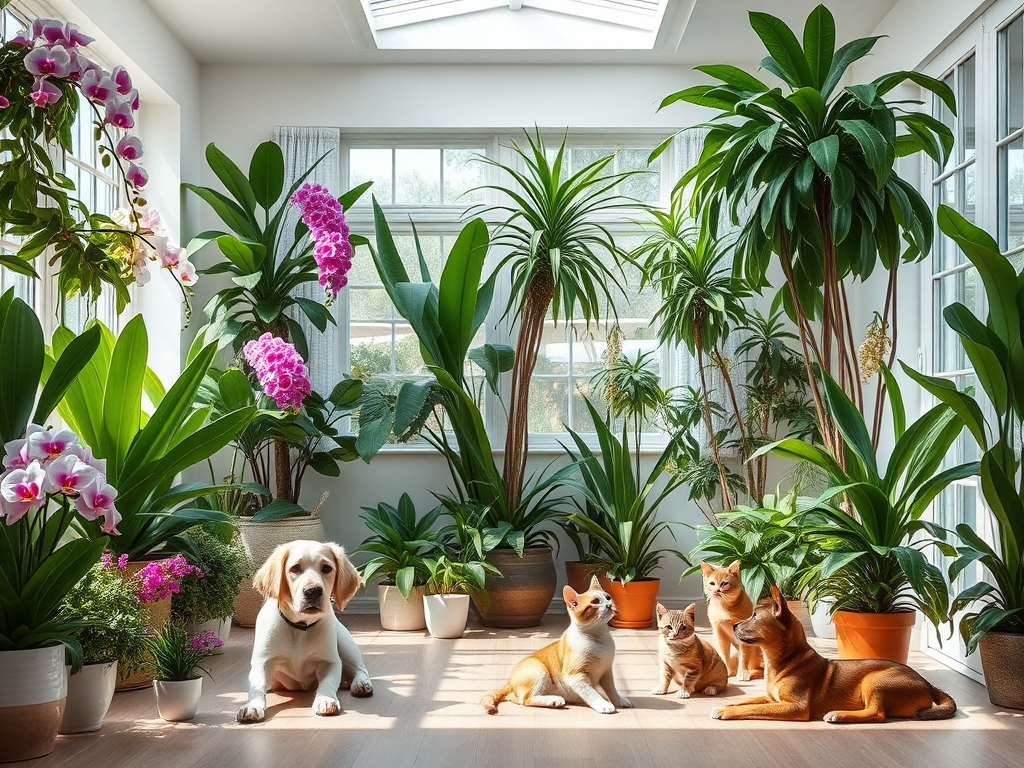 Image of cats and dogs surrounded by pet-safe plants and flowers.